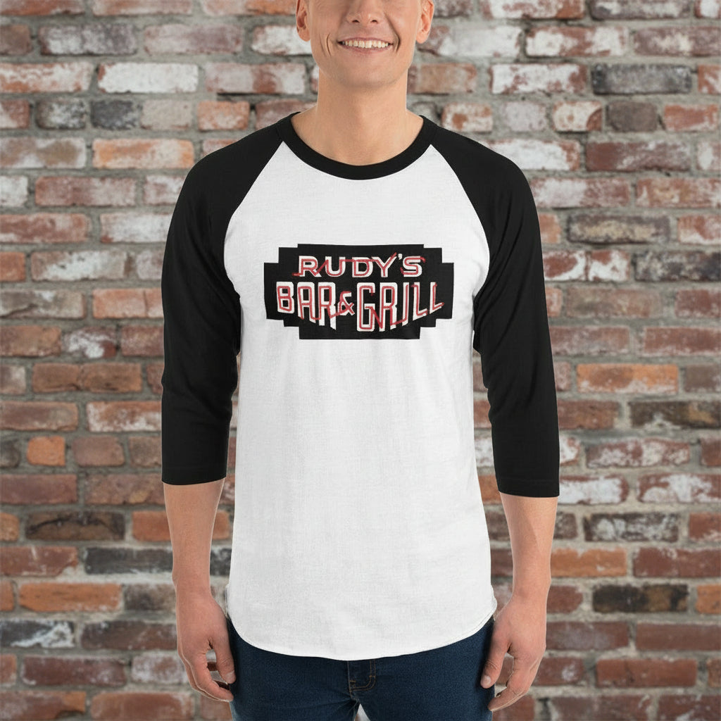 Rudy's Classic Neon Logo Raglan – Black & White 3/4 Sleeve– Rudys