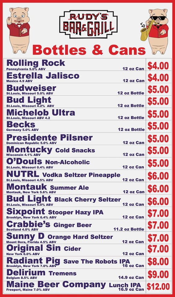 Bottles & Cans Menu - Rudy's Bar & Grill