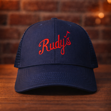 Load image into Gallery viewer, Rudy's Retro Logo Trucker Hat – Navy / Red Embroidery - Rudys Bar &amp; Grill