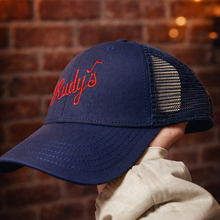Load image into Gallery viewer, Rudy's Retro Logo Trucker Hat – Navy / Red Embroidery - Rudys Bar &amp; Grill