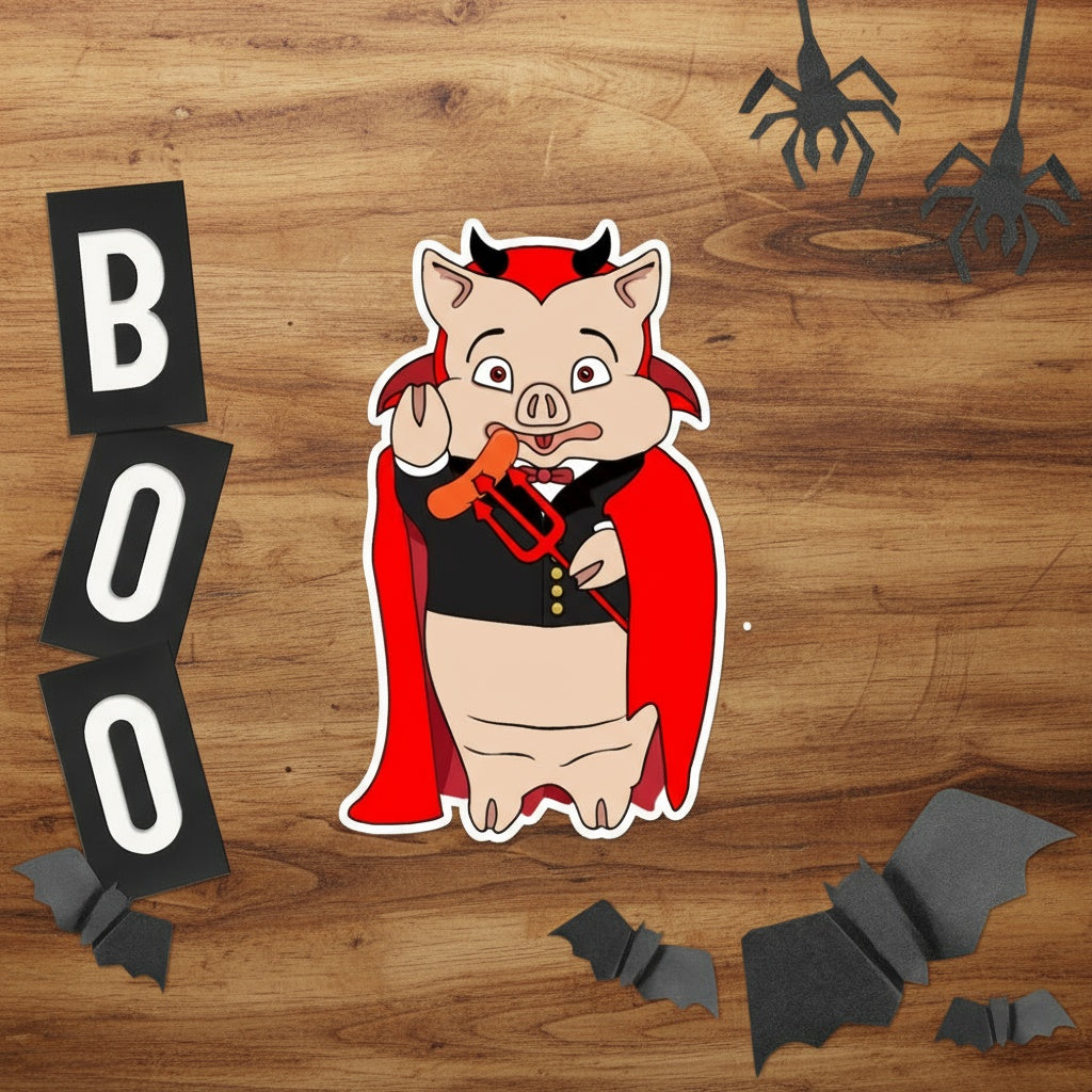Rudy’s Bar & Grill Devil Pig sticker in a Dracula costume on rustic wood, surrounded by “BOO” letters, bats, and hanging spiders.