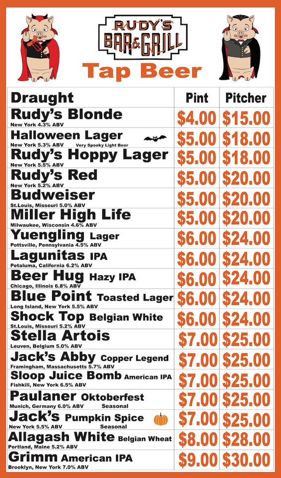 Halloween-themed Rudy’s Bar & Grill Tap Beer Menu featuring cartoon pig mascots in vampire costumes. The menu lists draught beers, including Rudy’s Blonde, Halloween Lager, Rudy’s Hoppy Lager, Rudy’s Red, Budweiser, Miller High Life, Yuengling, Lagunitas IPA, Beer Hug Hazy IPA, Blue Point Toasted Lager, Shock Top Belgian White, Stella Artois, Jack’s Abby Copper Legend, Sloop Juice Bomb, Paulaner Oktoberfest, Jack’s Pumpkin Spice, Allagash White, and Grimm American IPA, with prices for pints and pitchers ran