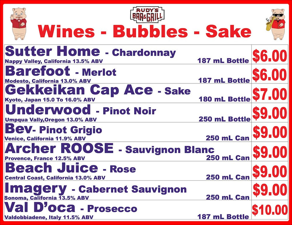 Wine - Bubbles - Sake Menu - Rudy's Bar & Grill