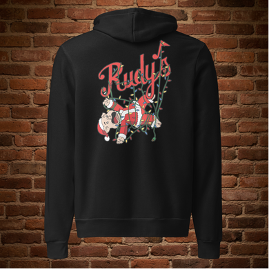 Back view of Rudy’s Bar & Grill Baron Von Swine Christmas Light Edition unisex hoodie showing cartoon pig mascot tangled in Christmas lights with Rudy’s logo on black hoodie