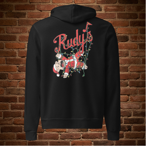 Back view of Rudy’s Bar & Grill Baron Von Swine Christmas Light Edition unisex hoodie showing cartoon pig mascot tangled in Christmas lights with Rudy’s logo on black hoodie
