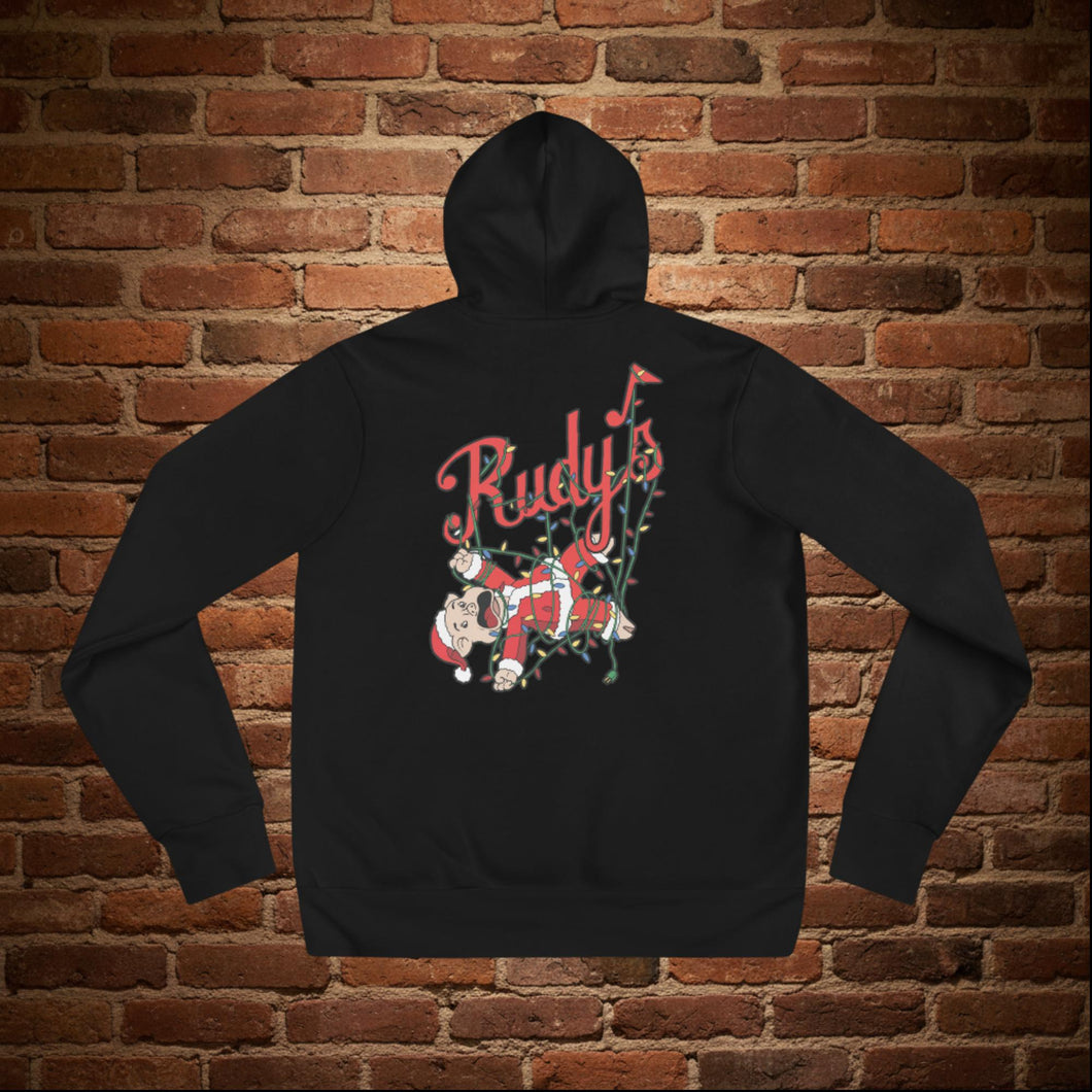 Back of Rudy’s Bar & Grill Baron Von Swine Christmas Light Edition unisex hoodie featuring cartoon pig mascot tangled in holiday lights and Rudy’s logo