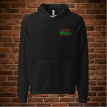 Load image into Gallery viewer, Front view of Rudy’s Bar &amp; Grill Baron Von Swine Christmas Light Edition unisex hoodie featuring festive Rudy’s Bar &amp; Grill logo with Christmas lights on black pullover