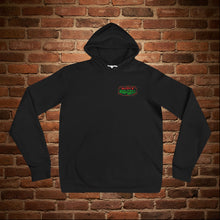 Load image into Gallery viewer, Front of Rudy’s Bar &amp; Grill Baron Von Swine Christmas Light Edition unisex hoodie with festive Rudy’s Bar &amp; Grill logo on black pullover