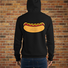 Load image into Gallery viewer, Baron Von Swine pig unisex hoodie back view – Rudy’s Bar &amp; Grill hot dog logo on navy pullover