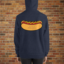 Load image into Gallery viewer, Baron Von Swine pig unisex hoodie back view – Rudy’s Bar &amp; Grill hot dog logo on navy pullover