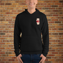 Load image into Gallery viewer, Baron Von Swine pig unisex hoodie front view – Rudy’s Bar &amp; Grill navy pullover with pig mascot design