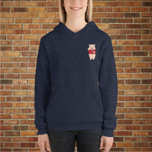 Load image into Gallery viewer, Baron Von Swine pig unisex hoodie front view – Rudy’s Bar &amp; Grill navy pullover with pig mascot design