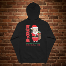 Load image into Gallery viewer, Back view of Rudy’s Bar &amp; Grill Christmas Edition zip hoodie featuring Baron Von Swine dressed as Santa Claus – Hell’s Kitchen NYC