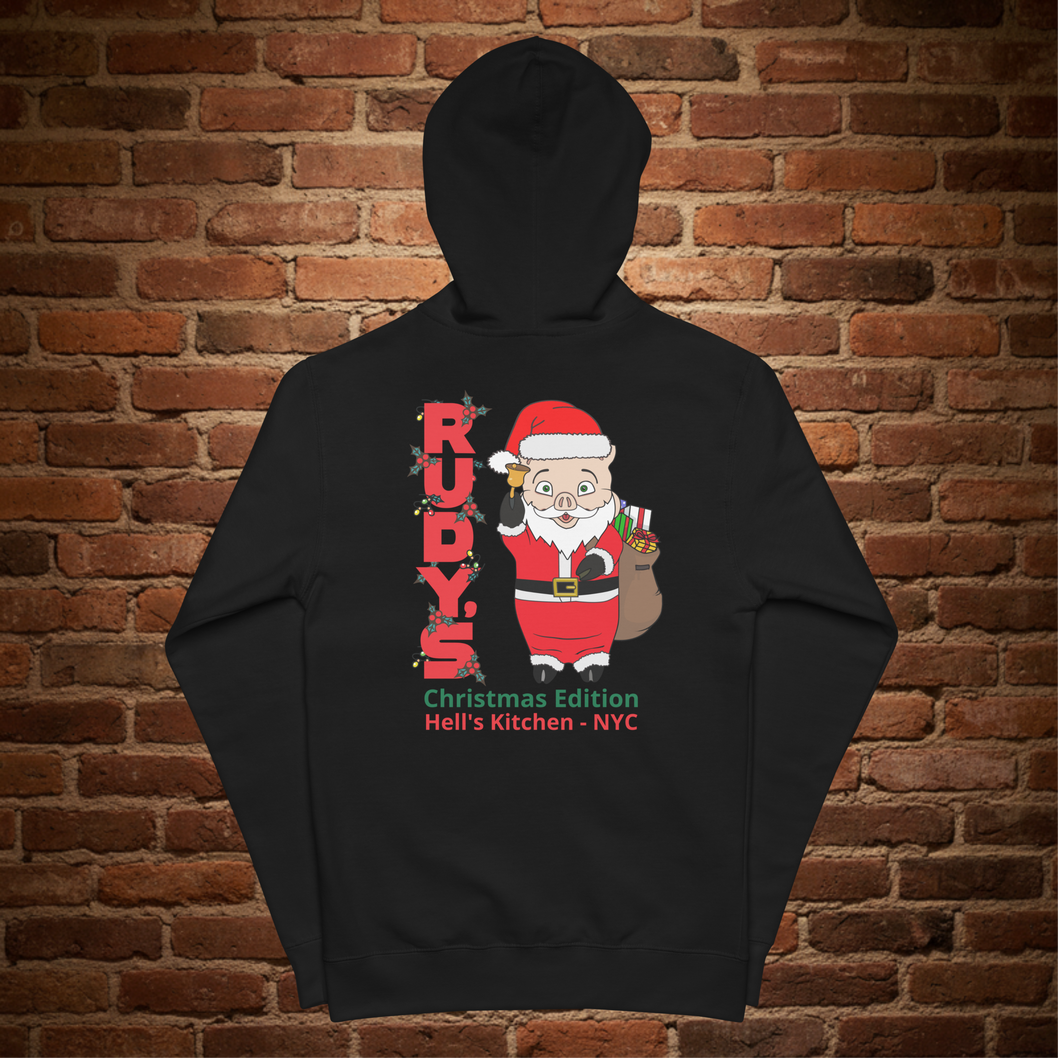 Back view of Rudy’s Bar & Grill Christmas Edition zip hoodie featuring Baron Von Swine dressed as Santa Claus – Hell’s Kitchen NYC