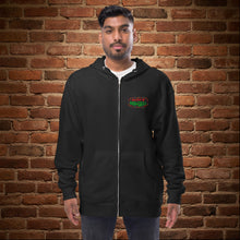 Load image into Gallery viewer, Front of Rudy’s Bar &amp; Grill Christmas Neon Santa zip hoodie in black, unisex fleece, with embroidered logo, displayed against a brick wall background