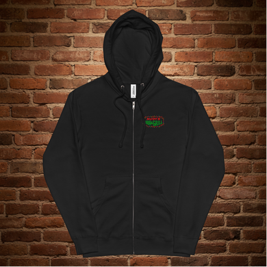 Front view of Rudy’s Bar & Grill Christmas Neon Santa zip hoodie, unisex fleece, black, with embroidered logo – Hell’s Kitchen NYC