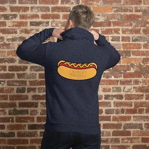 Person wearing Navy blue hoodie featuring a large Rudy’s Bar & Grill hot dog logo on the back, displayed against a reddish-brown textured brick wall background. The hoodie is centered and well-lit, creating a realistic product mockup for Rudy’s Bar & Grill merchandise