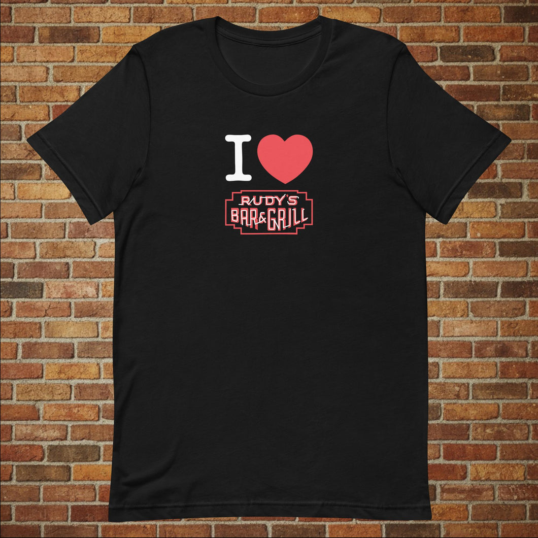 Black I Love Rudy's unisex T‑shirt with Rudy's Bar & Grill logo