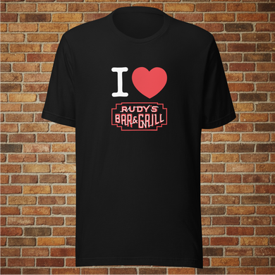 I Love Rudy's black unisex T‑shirt ghost mockup with Rudy's Bar & Grill logo