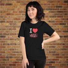 Load image into Gallery viewer, I Love Rudy&#39;s black unisex T‑shirt with Rudy&#39;s Bar &amp; Grill logo on model