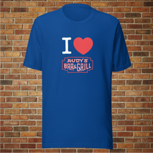 Load image into Gallery viewer, I Love Rudy&#39;s true royal blue unisex T‑shirt ghost mockup with Rudy&#39;s Bar &amp; Grill logo