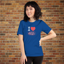 Load image into Gallery viewer, I Love Rudy&#39;s blue unisex T‑shirt with Rudy&#39;s Bar &amp; Grill logo on model