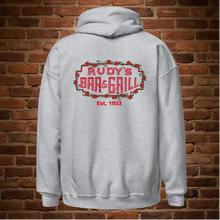 Load image into Gallery viewer, Back of sport grey Rudy’s Bar &amp; Grill hoodie featuring neon sign logo and Est. 1933, brick wall background, no model