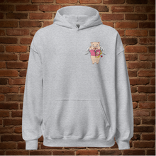 Load image into Gallery viewer, Sport grey Rudy’s Bar &amp; Grill hoodie with Cupid Pig graphic on front, brick wall background, no model