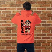 Load image into Gallery viewer, Back view of burnt orange unisex eco raglan hoodie featuring Rudy&#39;s Bar &amp; Grill Halloween Edition pirate pig mascot design in Hell&#39;s Kitchen NYC