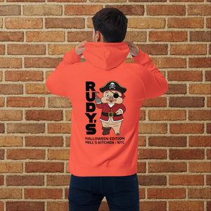 Back view of burnt orange unisex eco raglan hoodie featuring Rudy's Bar & Grill Halloween Edition pirate pig mascot design in Hell's Kitchen NYC