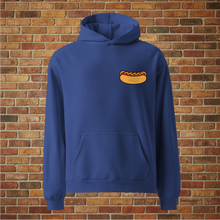 Load image into Gallery viewer, Front view of Rudy’s Bar &amp; Grill Hot Dog Neon Hoodie in cobalt blue with hot dog logo, displayed against a brick wall background.