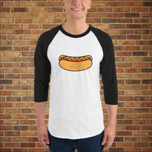 Load image into Gallery viewer, Rudy’s Bar &amp; Grill hot dog 3/4 sleeve shirt with black sleeves, front view, shown on model against brick wall