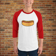 Load image into Gallery viewer, Rudy’s Bar &amp; Grill hot dog 3/4 sleeve shirt with red sleeves, front view, shown on model against brick wall