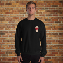 Load image into Gallery viewer, Front view of Rudy’s Bar &amp; Grill crew neck sweatshirt in black with Baron Von Swine mascot graphic on chest