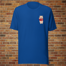 Load image into Gallery viewer, Front of Rudy’s Bar &amp; Grill Bar Back T-Shirt in royal blue featuring the Baron Von Swine mascot, displayed against a brick wall background
