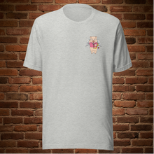 Load image into Gallery viewer, Ghost mockup of Rudy’s Bar &amp; Grill athletic heather t-shirt with Cupid Pig graphic on front, floating in front of a brick wall