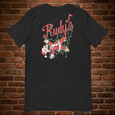 Flat lay back view of Rudy’s Bar & Grill Baron Von Swine Christmas Light Edition T-shirt in black heather, featuring Baron Von Swine mascot tangled in Christmas lights with Rudy’s script
