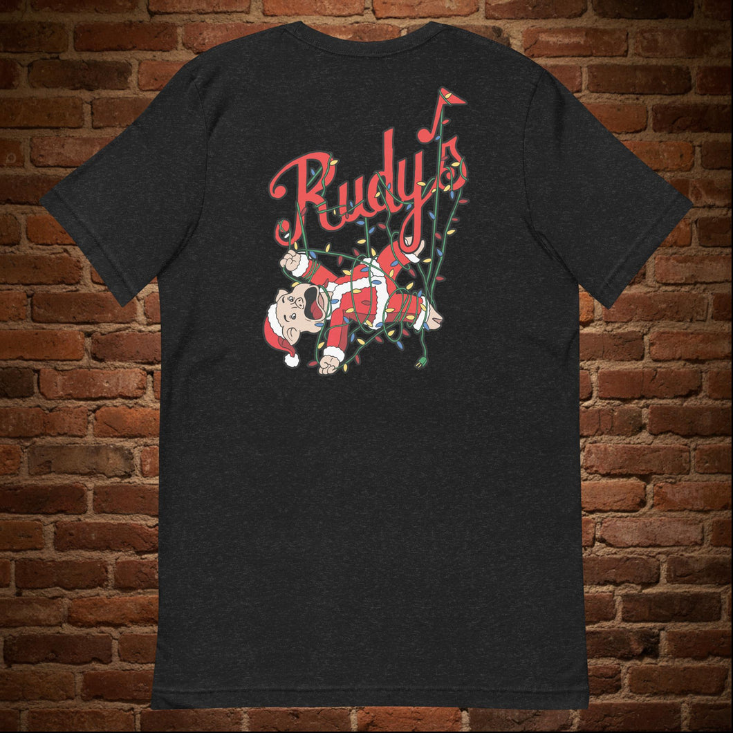 Flat lay back view of Rudy’s Bar & Grill Baron Von Swine Christmas Light Edition T-shirt in black heather, featuring Baron Von Swine mascot tangled in Christmas lights with Rudy’s script