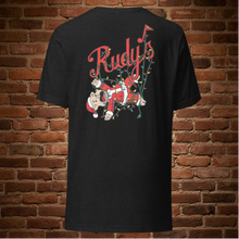 Load image into Gallery viewer, Ghost mannequin back view of Rudy’s Bar &amp; Grill Baron Von Swine Christmas Light Edition T-shirt in black heather, featuring Baron Von Swine mascot tangled in Christmas lights with Rudy’s script
