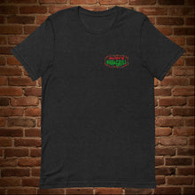 Load image into Gallery viewer, Flat lay front view of Rudy’s Bar &amp; Grill Baron Von Swine Christmas Light Edition T-shirt in black heather, featuring Rudy’s Bar &amp; Grill logo on left chest