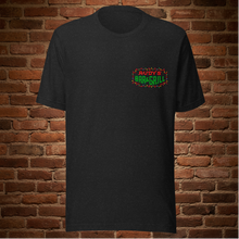 Load image into Gallery viewer, Ghost mannequin front view of Rudy’s Bar &amp; Grill Baron Von Swine Christmas Light Edition T-shirt in black heather, featuring Rudy’s Bar &amp; Grill logo on left chest