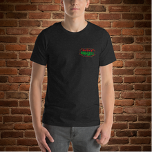 Load image into Gallery viewer, Front view of Rudy’s Bar &amp; Grill Baron Von Swine Christmas Light Edition T-shirt in black heather, featuring Rudy’s Bar &amp; Grill logo on chest