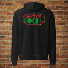 Load image into Gallery viewer, Back view of black Rudy’s Bar &amp; Grill holiday hoodie featuring the neon bar sign outlined with Christmas lights