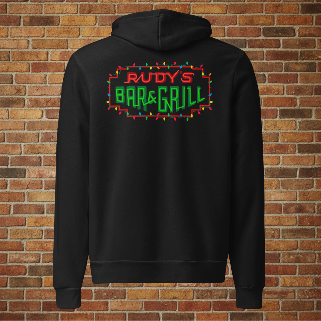 Back view of black Rudy’s Bar & Grill holiday hoodie featuring the neon bar sign outlined with Christmas lights