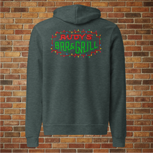 Load image into Gallery viewer, Back view of Heather Forest Rudy’s Bar &amp; Grill holiday hoodie featuring the neon bar sign outlined with Christmas lights