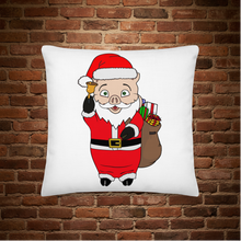 Load image into Gallery viewer, Baron Von Swine dressed as Santa Claus holding a bell and a sack of presents on a white pillow, holiday design for Rudy’s Bar &amp; Grill