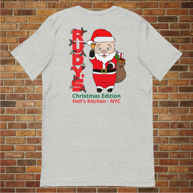Back of Rudy's Bar & Grill classic Christmas T-shirt at an angle with Baron Von Swine Santa design and Hell's Kitchen NYC text