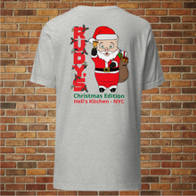 Load image into Gallery viewer, Back of Rudy&#39;s Bar &amp; Grill classic Christmas T-shirt with Baron Von Swine Santa design and Hell&#39;s Kitchen NYC text
