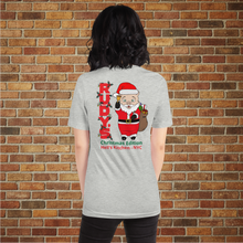 Load image into Gallery viewer, Back of Rudy&#39;s Bar &amp; Grill classic Christmas T-shirt with Baron Von Swine Santa design and Hell&#39;s Kitchen NYC text
