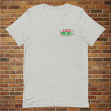Load image into Gallery viewer, Rudy&#39;s Bar &amp; Grill classic Christmas T-shirt front at an angle with holiday logo on gray shirt